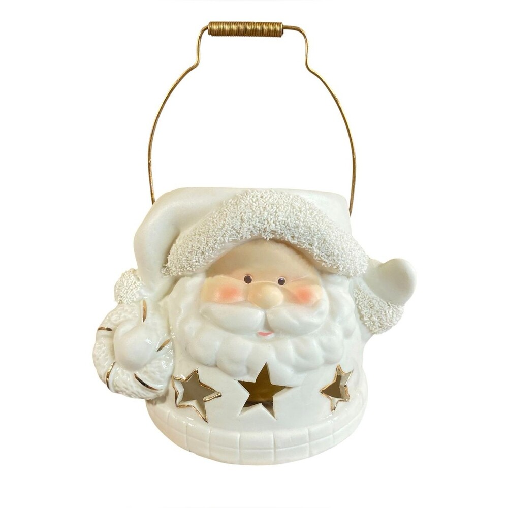 Ceramic Santa Claus Lantern Rustic Christmas Charm w Gold Candle Holiday Decor